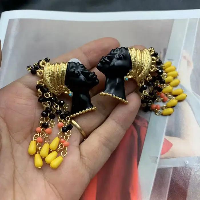 Boucles d'oreilles à pampilles exagérées Vintage, Clips d'oreille personnalisés bohème en émail artisanal