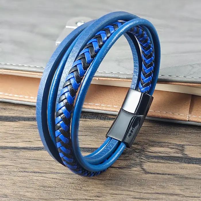 Bracelet vintage en cuir bleu et acier inoxydable pour homme, cadeau d'anniversaire occasion spéciale bijou de luxe rock punk classique