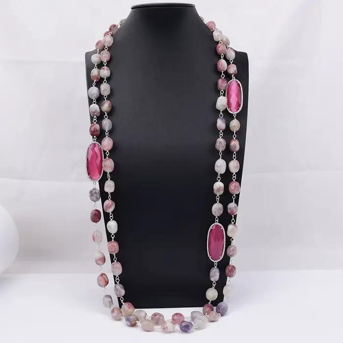 Collier G-G à 2 rangs de bijoux, 2 rangs de tourmaline rose naturelle, connecteur œil de chat rouge rosé, 38''