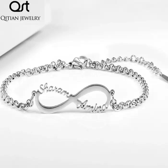 Bracelet Extron personnalisé avec nom pour femme, acier inoxydable, plaque signalétique, breloques,