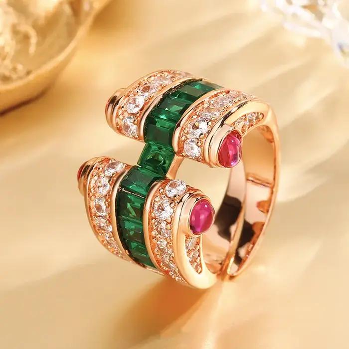 Bague ouverte réglable de luxe pour femmes, zircone cubique colorée, pierres précieuses Vintage plaq