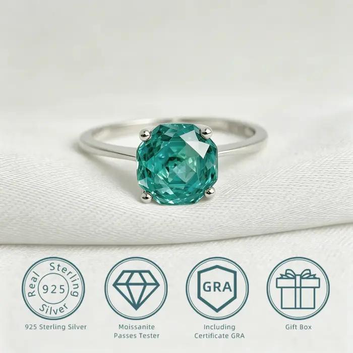 Bague solitaire en moissanite bleu-vert taille octogonale 8*8mm 2 carats