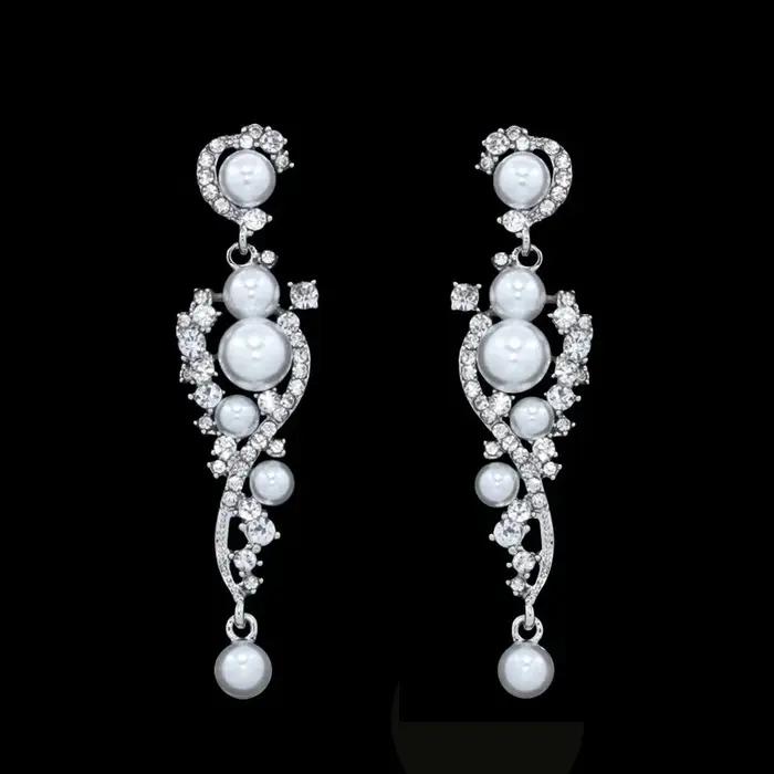 BLIJERY – boucles d'oreilles longues élégantes en perles simulées, couleur argent, cristal, motif fl