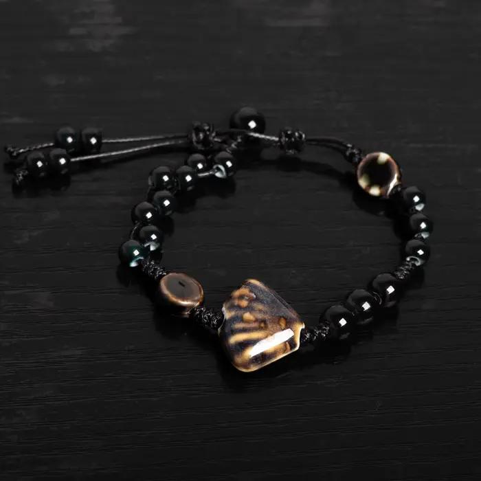 Bracelet festonné en céramique fait main, réglable, vintage, perles noires, bijoux minimalistes pour couples et cadeaux, 155