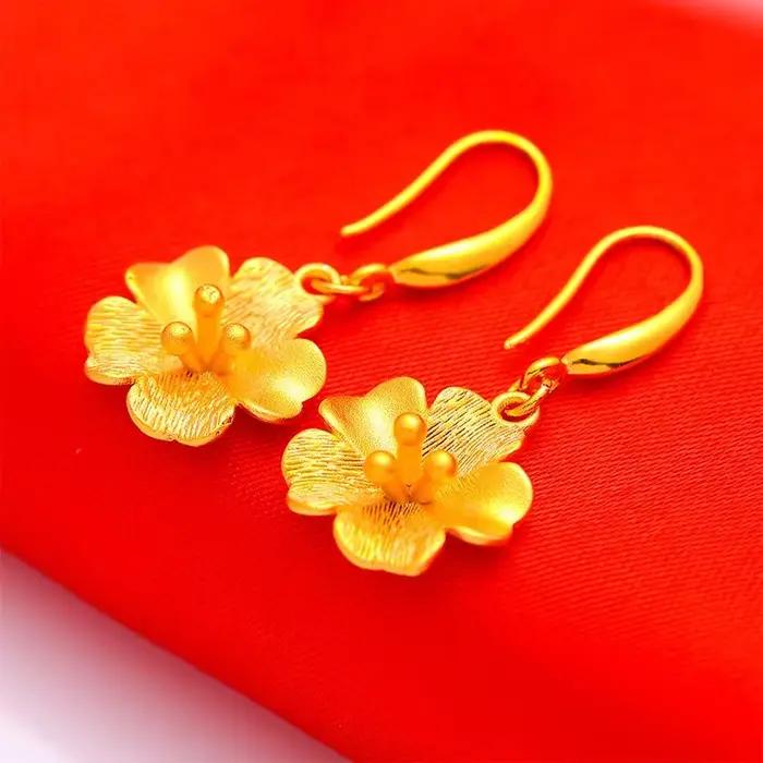 Véritable 18k couleur or fleur longue boucle d'oreille pour les femmes mariée mariage usage quotidien plaqué or boucle d'oreille bijoux cadeaux