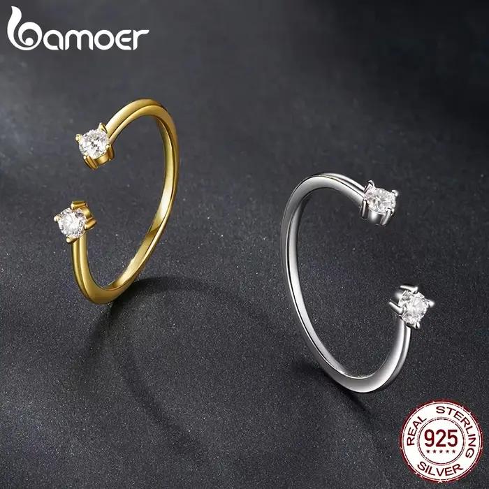 BAMOER Moissanite plaqué or blanc bague réglable en argent Sterling 925 empilable 4 griffes anneau ouvert pour les femmes cadeau minimaliste