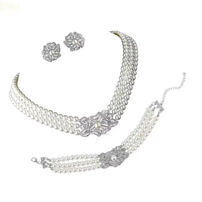 E56A Perles superbes bijoux en cristal avec boucles d'oreilles collier bracelet pour les femmes à mode