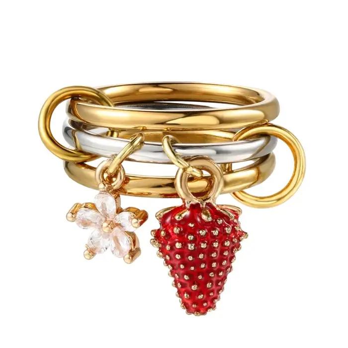 INS Y2K – ensemble de bagues à breloques en forme de fleur de fraise pour femmes