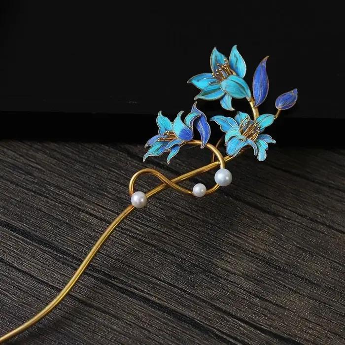 Diadème de fleur de lys bleu avec perle d'émail