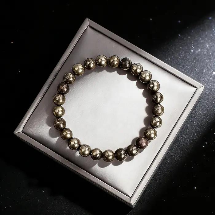Bracelet en pierre de pyrite naturelle 6 8 10 mm amulette de protection et de prospérité bijou perlé pour homme femme occasions spéciales cadeau
