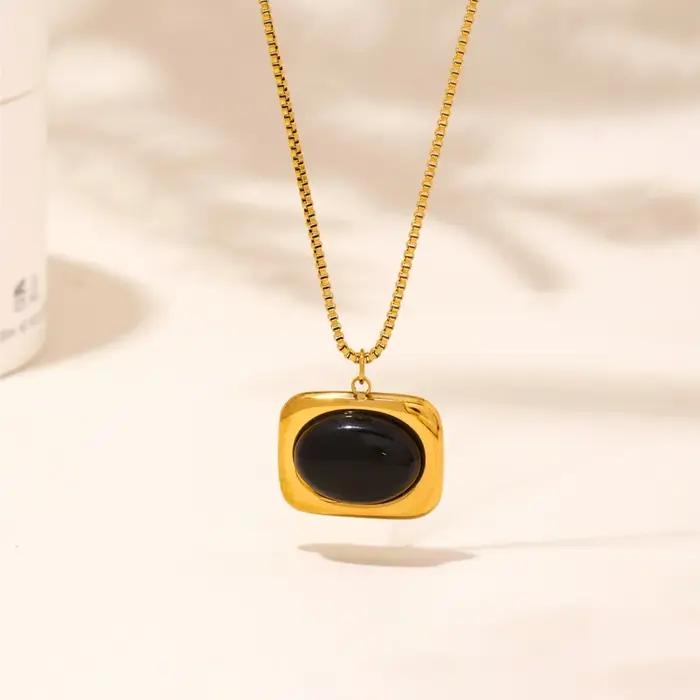 Collier chaîne boucles d'oreilles bague en acier inoxydable plaqué or 18 carats avec pendentif en agate noire colliers
