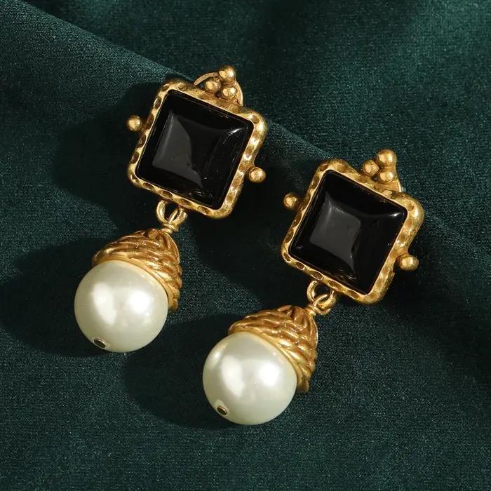 Boucles d'oreilles en perles de pierre noire pour femmes, carrées, grandes, couleur or Antique, Vint