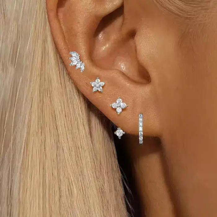 4 pièces mode Zircon rond cerceau boucle d'oreille ensemble femmes tempérament fleur oreille Stud Huggie