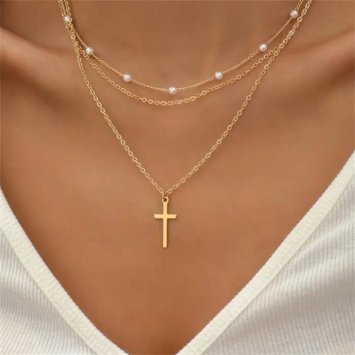 Collier chaîne de perles artificielles à plusieurs niveaux pour femmes