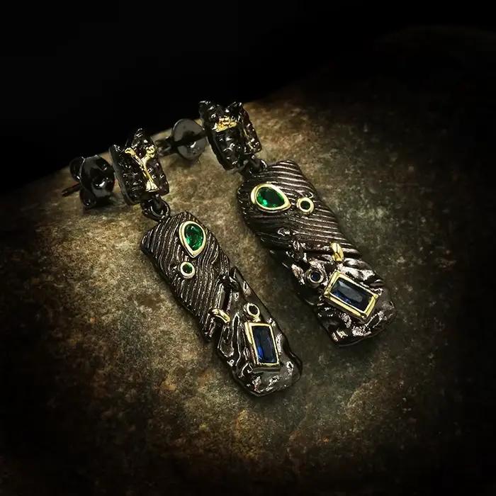 Boucles d'oreilles géométriques irrégulières bicolores pour femmes, Style ethnique exquis, or noir, argent 925, bijoux italiens faits à la main, fantaisie
