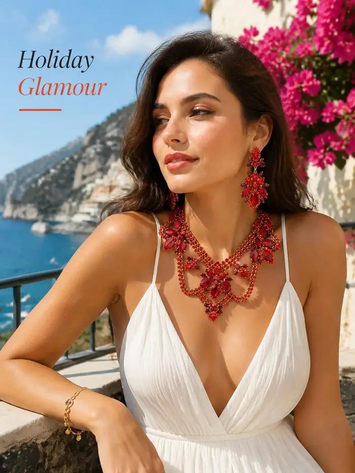 Parure de collier en verre rouge cuir avec boucles d'oreilles imposantes pour femmes pour soirées et cérémonies élégantes