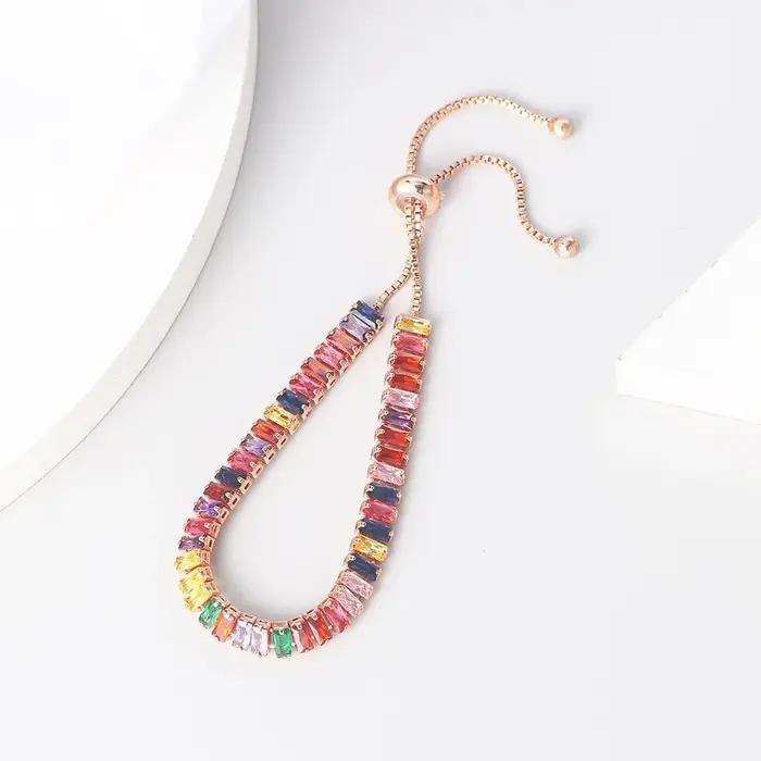 Bracelet Multicolores Arc-en-Ciel en Argent Regardé 925 et Or Rose 18 Carats Pour Femme Occasions Spéciales Bagues Cristal Pierres Précieuses Blanc Noir Vert