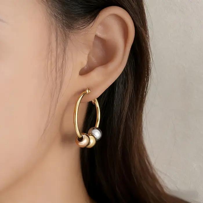 Boucles d'oreilles créoles Huggie à trois billes bicolores Or et Argent en Acier Inoxydable 316L, pe