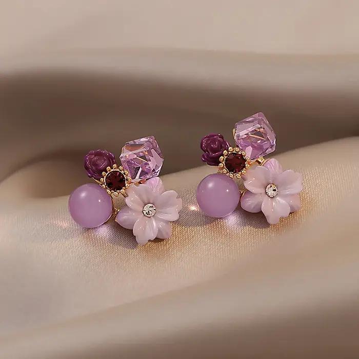 Boucles d'oreilles à fleurs en cristal violet pour femmes bijoux mode coréenne élégants pour mariage et occasions spéciales