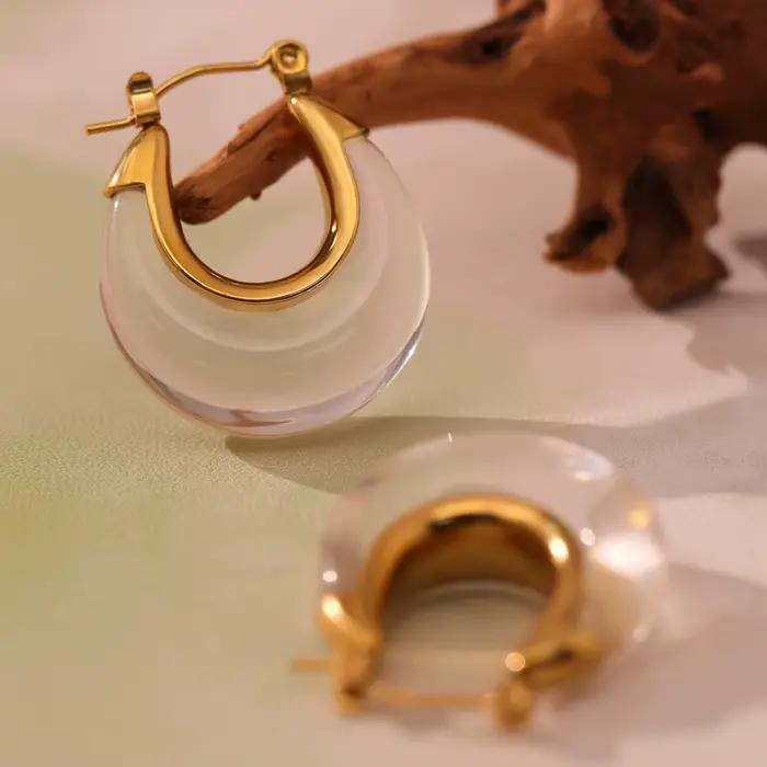 Amaiyllis minimaliste Transparent résine lune en forme de U boucles d'oreilles à la mode en acier inoxydable femmes oreille Clips bijoux