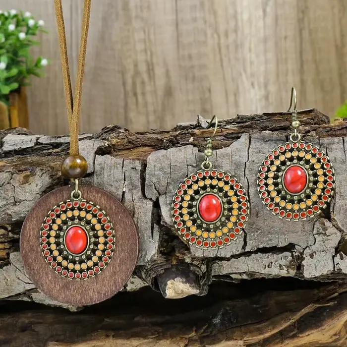Boho Vacation-Ensemble de bijoux géométriques pour femmes, perles en bois, alliage multicolore ElAss