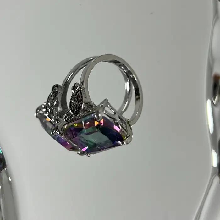 Superbe bague pour femme avec topaze sept couleurs et diamant carré - Style unique et luxueux - Cadeau d'anniversaire