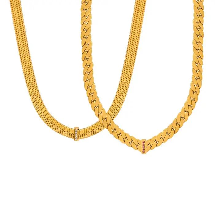 Collier chaîne chevrons acier inoxydable plaqué or 18 carats avec breloque zircon pour femme style hip-hop rock bijou tendance occassions spéciales