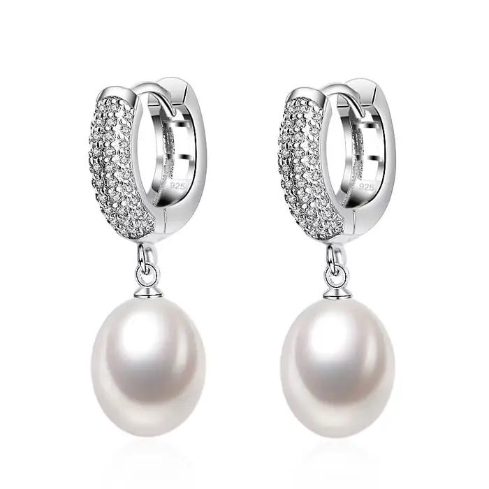Boucles d'oreilles en argent 925 avec perles naturelles pour femmes et filles, cerceau suspendu blanc, bijoux de mariée en pierre de réservoir, qualité supérieure