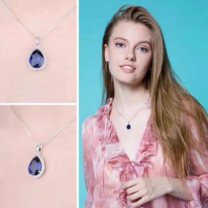 JewelpopPalace-Collier pendentif en argent regardé 925 avec saphir bleu pour femme