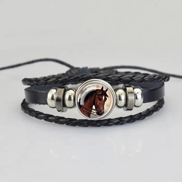 Bracelet en cuir noir à motif tête de cheval pour hommes, cadeau pour amoureux d'équitation