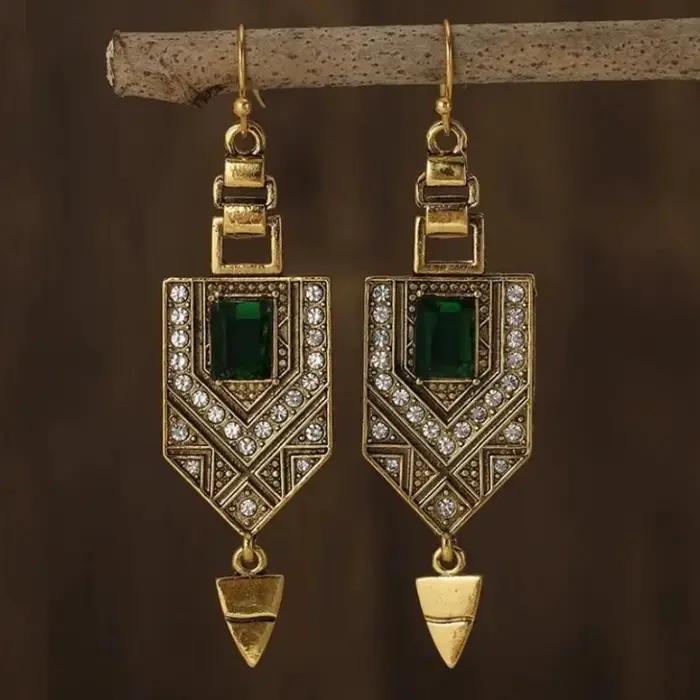 Boucles d'oreilles pendantes en biscuits vert géométrique vintage pour femmes, incrustation de pierre, brillant, fête d'anniversaire, bijoux personnalisés