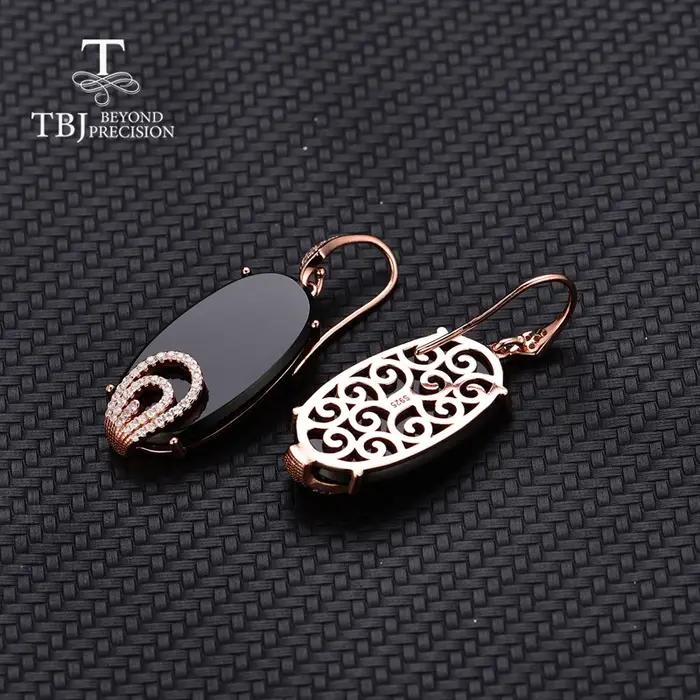 TBJ, vogue crochet longue boucle d'oreille 26.4ct naturel noir agate onyx 925 argent sterling or rose pierre précieuse