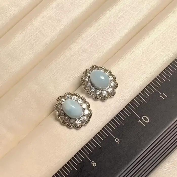 Boucles d'oreilles clous en larimar naturel authentique BLUE OVA, bijoux en cuivre, cadeau, pierre précieuse véritable