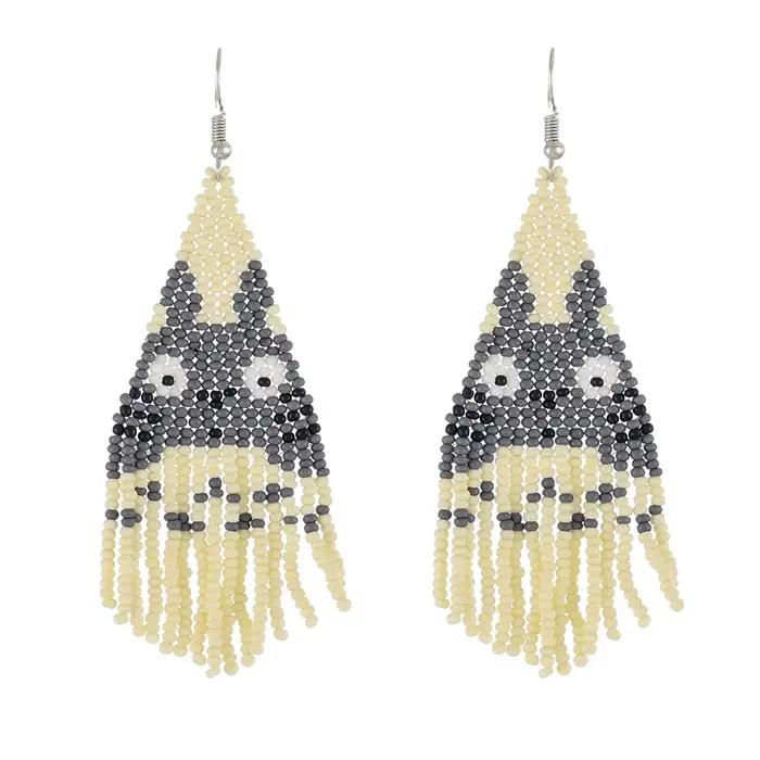 Boucles d'oreilles Totoro en perles de riz bohémien, tissées à la main, en alliage de pampilles gris