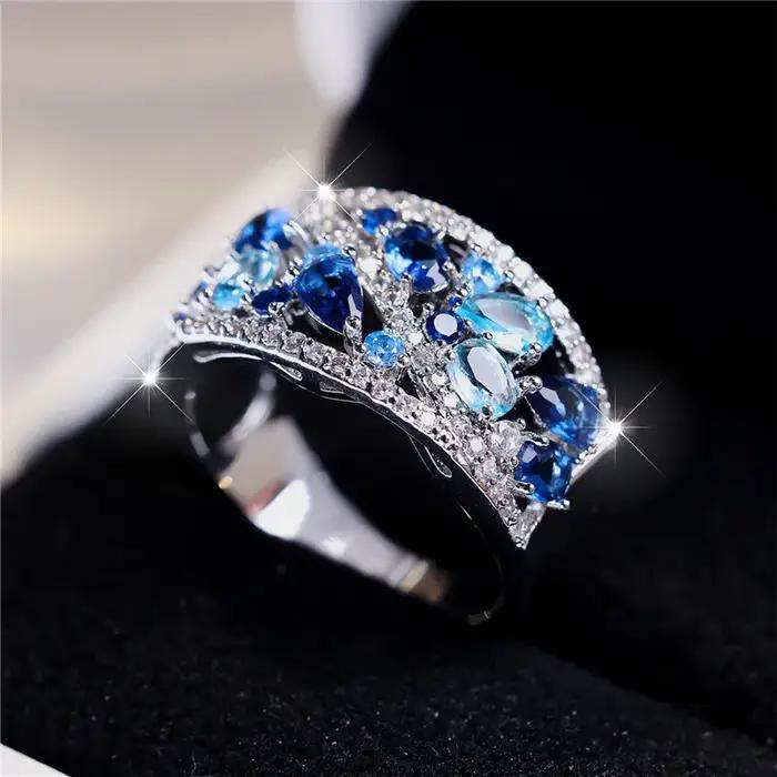 Bague de luxe en pierre de Zircon bleu pour femme
