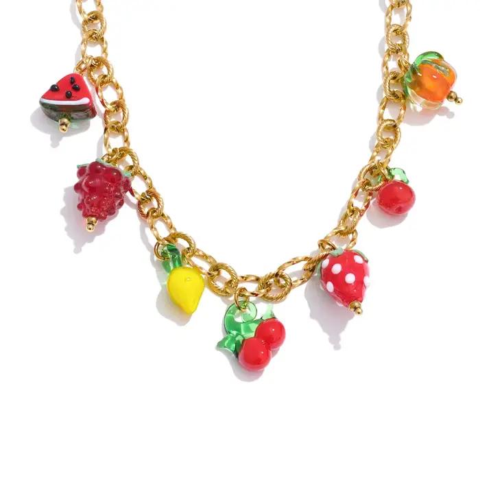 Yhpup Sweet Spring Summer Collier Pendentif Breloque Fruit en Émail Coloré, Acier Inoxydable Couleur