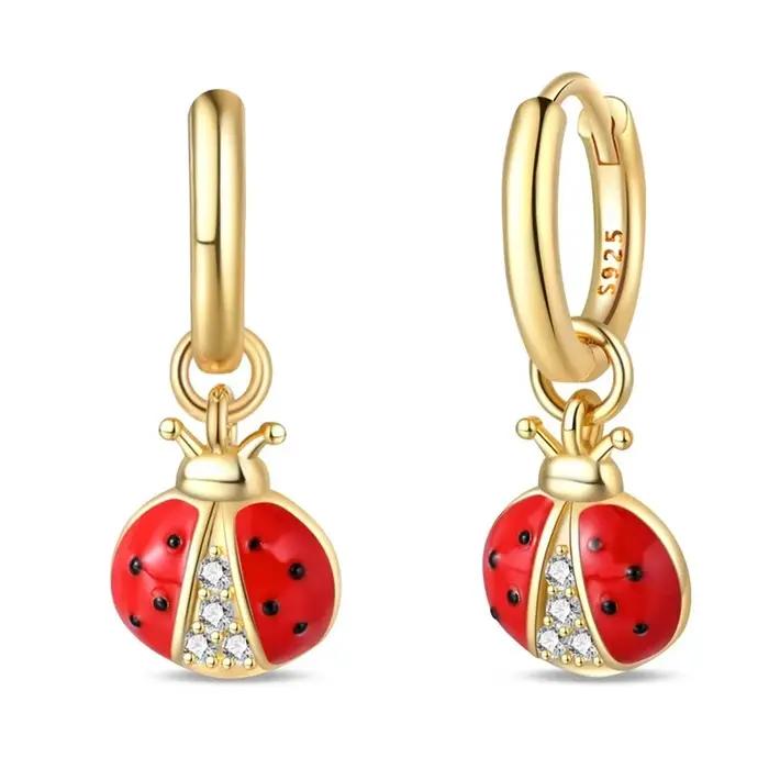 Boucles d'oreilles en argent Sterling 925 pour femmes, cerceau coccinelle dorée à la mode, bijoux ca
