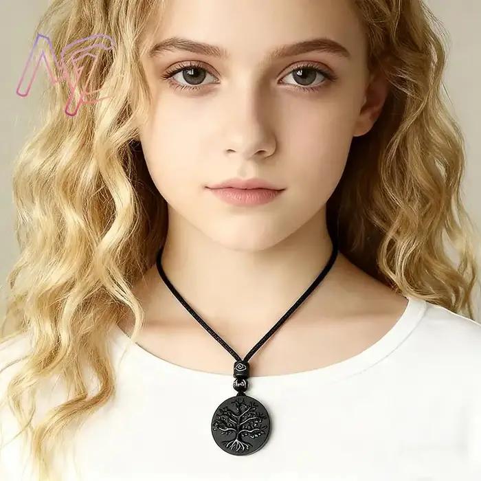 Collier Pendentif Arbre de Vie en Obsidienne Naturelle Vintage pour Femme Occasions Spéciales Bijou de Style Classique