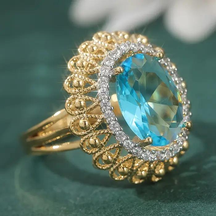 Bague ovale scintillante de luxe en zircone synthétique bleue pour femme