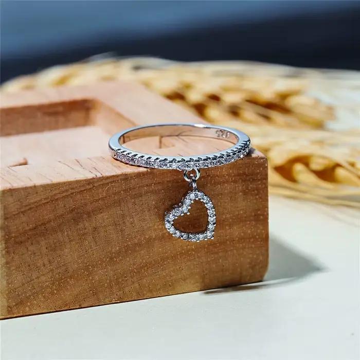 Bagues pendentif en cristal blanc pour femmes, bague de fiançailles couleur or Rose argent, Vintage, cœur d'amour, bijoux de mariage fins pour femmes