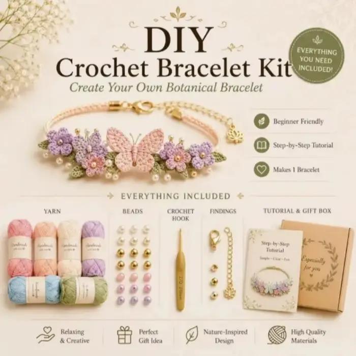 Kit de bricolage pour bracelet tissé à la main de style botanique, outils de crochet complets, tutoriel étape par étape, fournitures de fabrication artisanale, cadeau