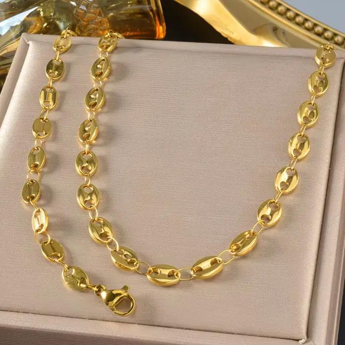 Ensemble collier et bracelet tendance pour homme et femme, couleur or, perles en forme de grains de café, avec fermoir en acier inoxydable, bijoux de cou pour soirée