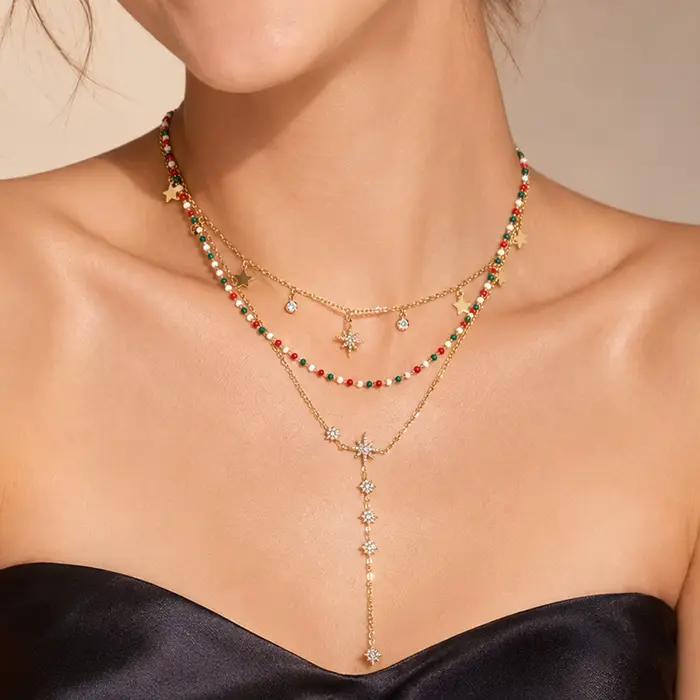 Collier Zircon North Star Y avec perles émaillées empilables acier inoxydable plaqué or pour femmes bijoux à offrir occasions spéciales