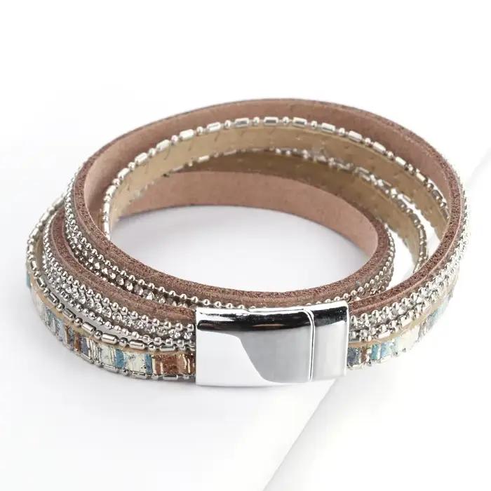 ALLYES femmes Bracelet en cuir tchèque cristal Vintage Boho plusieurs couches bohème Double Wrap
