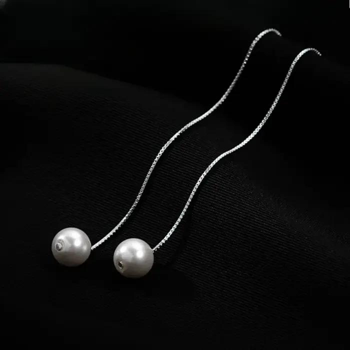 Seulement 925 en argent Sterling boucles d'oreilles élégantes pour les femmes enfileur perle boucle d'oreille balancent oreille ligne longue chaîne bijoux de mode