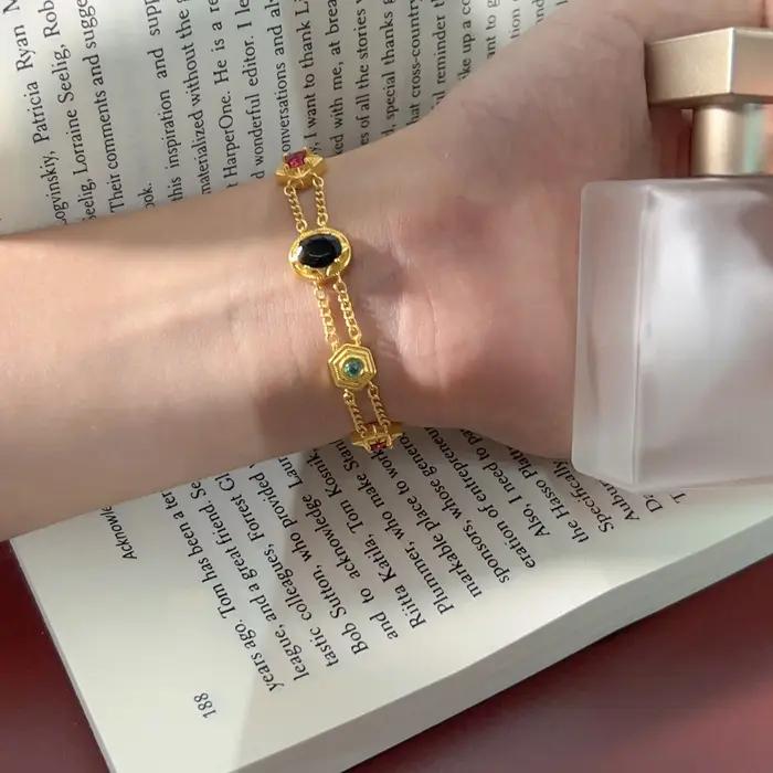 Bracelet de manchette rempli d'or victorien Ero Vintage 14K, pierres rubis/Turquoise/Agate/Tourmalin