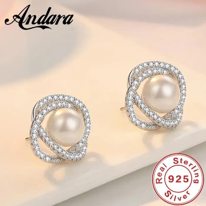 Andara 925 boucles d'oreilles en argent Sterling camélia perle pour femmes élégant mariage fiançaill