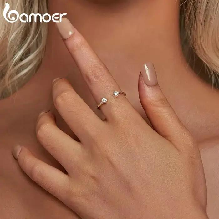 BAMOER Moissanite plaqué or blanc bague réglable en argent Sterling 925 empilable 4 griffes anneau ouvert pour les femmes cadeau minimaliste