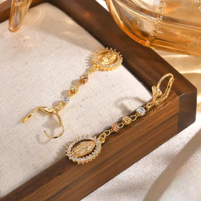 Boucles d'oreilles pendantes vintage religieuses de la vierge marie pour femmes, boucles d'oreilles longues en zircon plaqué or 14 carats, bijoux de prière hypoallergéniques
