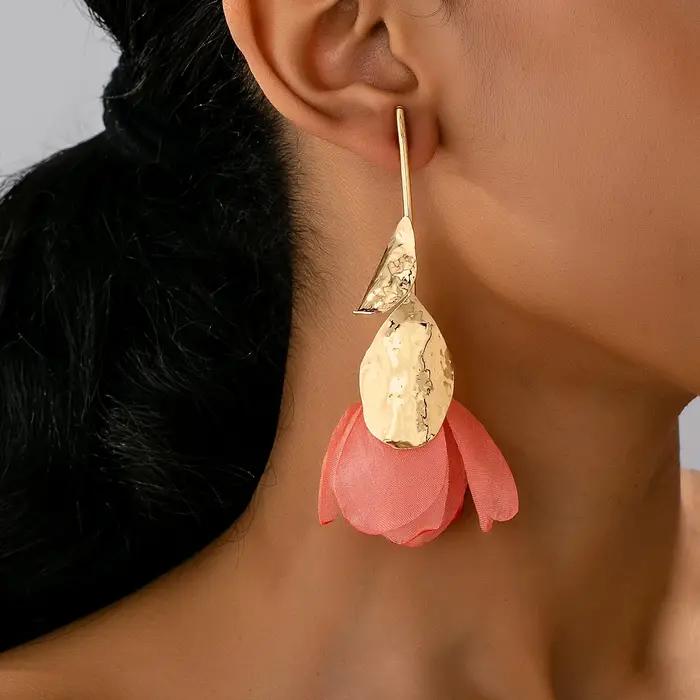 Boucles doreilles romantiques fleurs tissu rose pour femmes occasions quotidiennes vacances